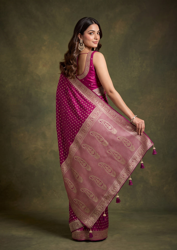 Wine Art Satin Buti Gold Stonework Saree With Matching Blouse Piece