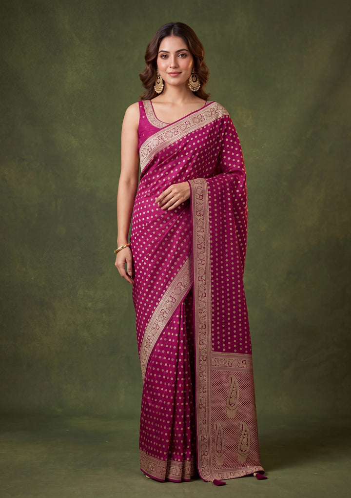 Wine Art Satin Buti Gold Stonework Saree With Matching Blouse Piece