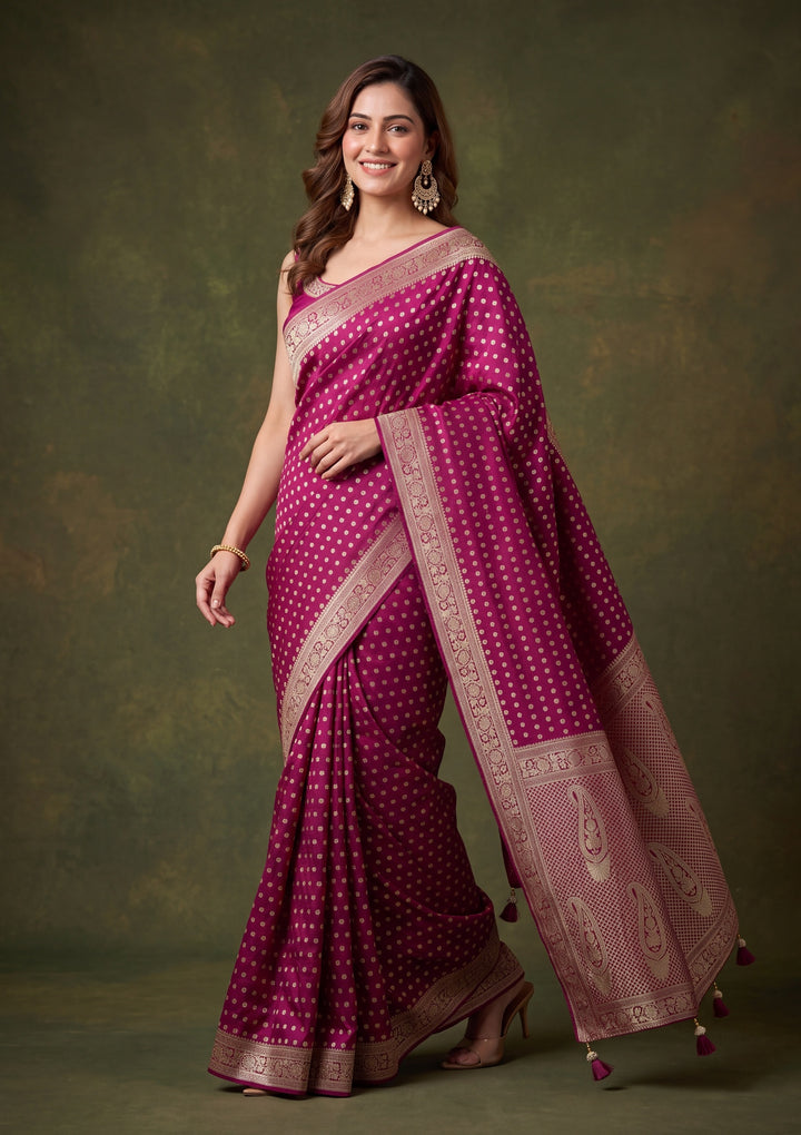Wine Art Satin Buti Gold Stonework Saree With Matching Blouse Piece