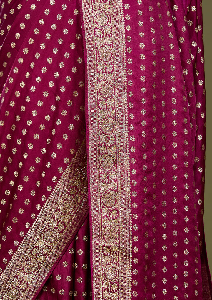 Wine Art Satin Buti Gold Stonework Saree With Matching Blouse Piece