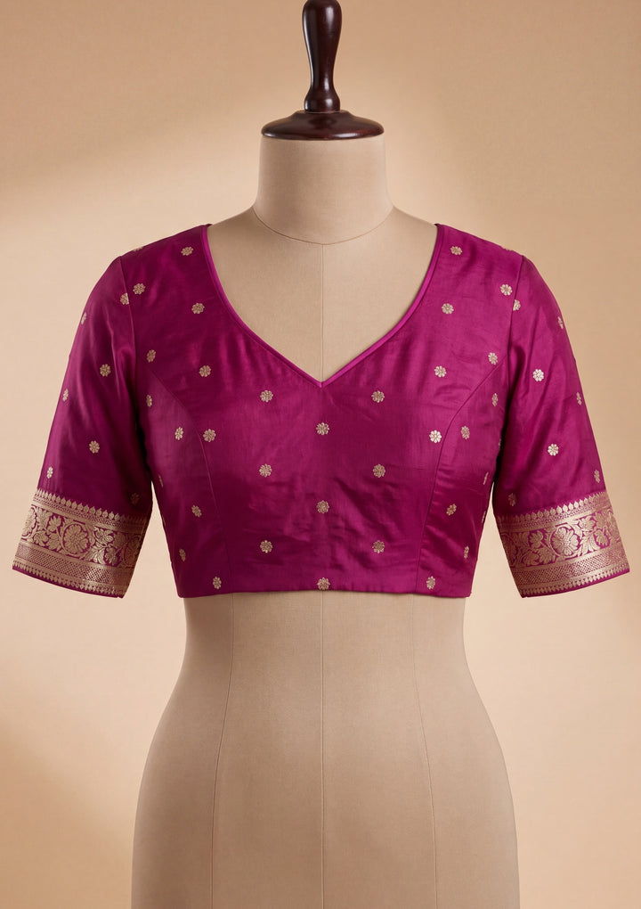 Wine Art Satin Buti Gold Stonework Saree With Matching Blouse Piece