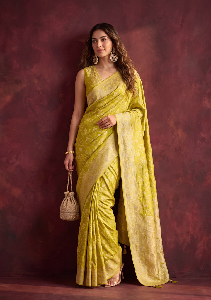Lime Green Art Satin Buti Gold Stonework Saree With Matching Blouse Piece