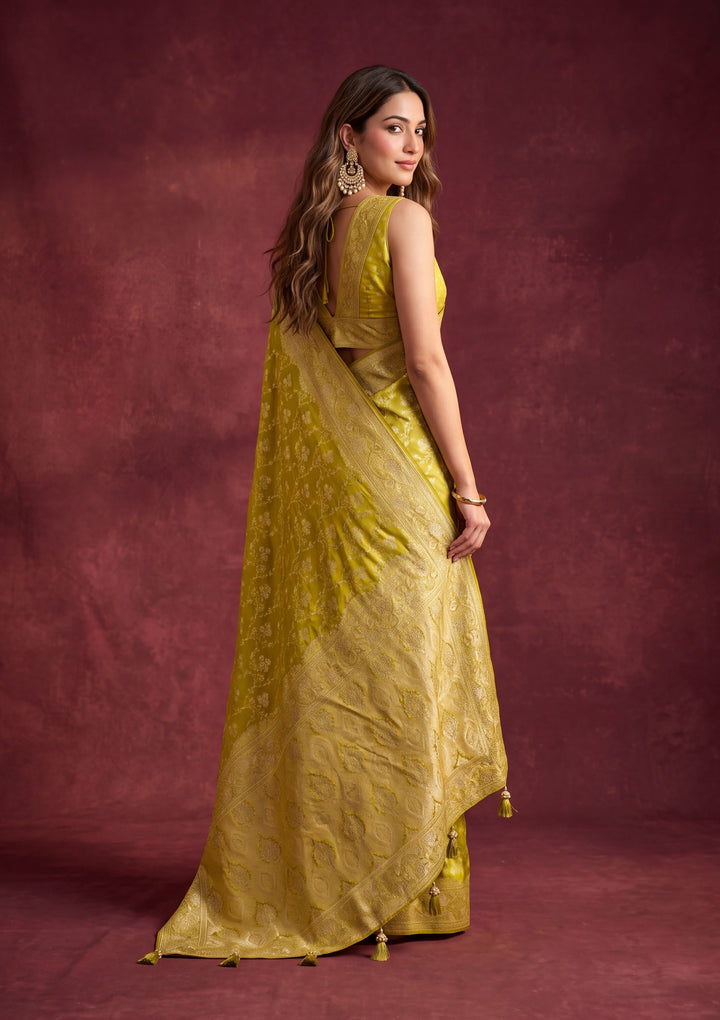 Lime Green Art Satin Buti Gold Stonework Saree With Matching Blouse Piece