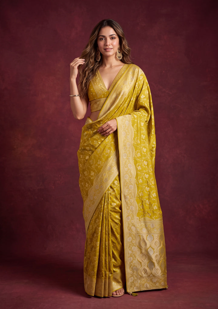 Lime Green Art Satin Buti Gold Stonework Saree With Matching Blouse Piece