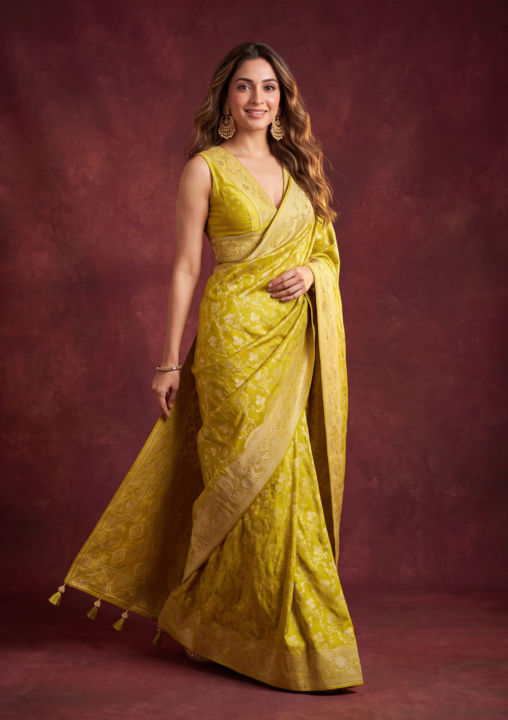 Lime Green Art Satin Buti Gold Stonework Saree With Matching Blouse Piece