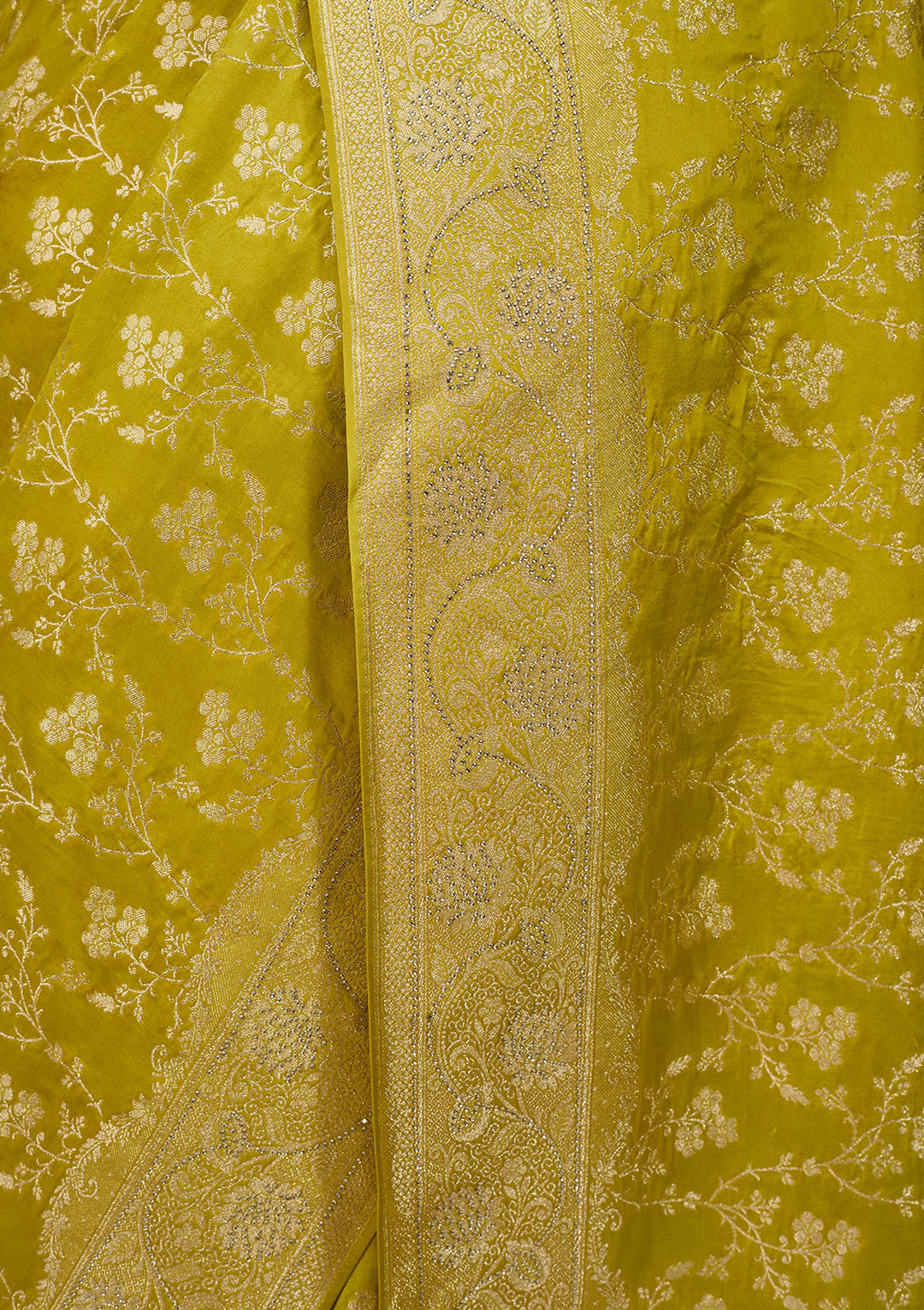 Lime Green Art Satin Buti Gold Stonework Saree With Matching Blouse Piece