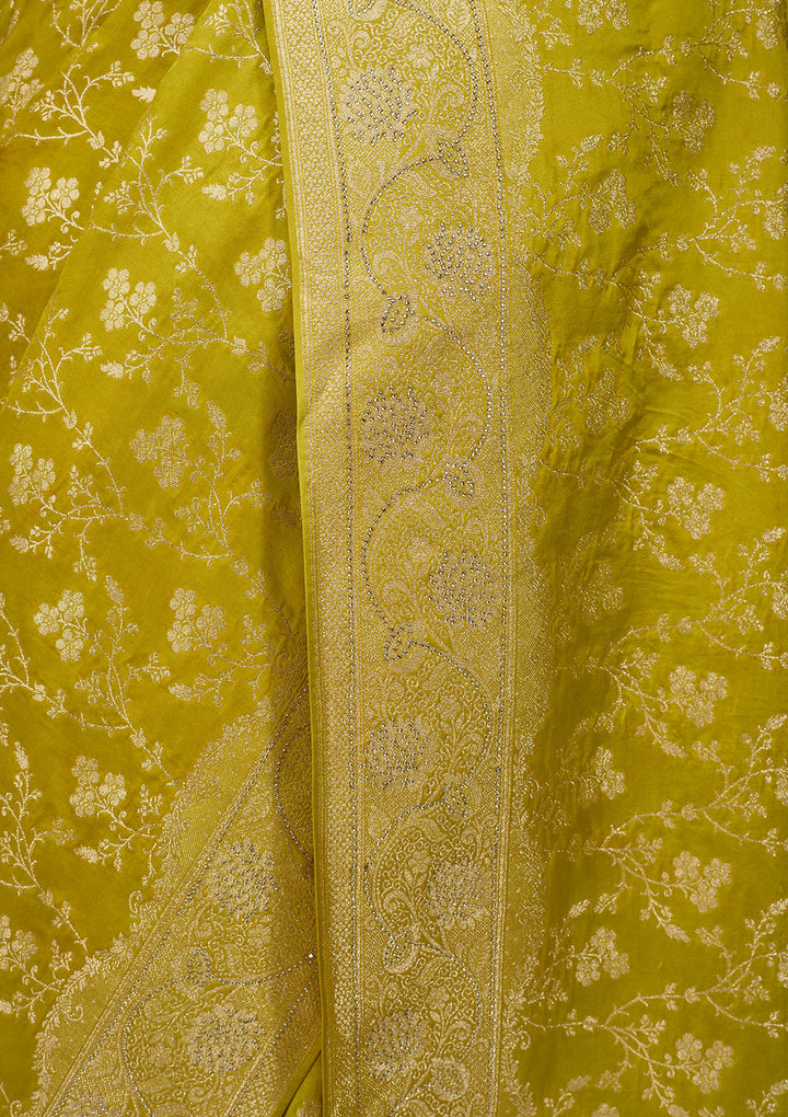 Lime Green Art Satin Buti Gold Stonework Saree With Matching Blouse Piece