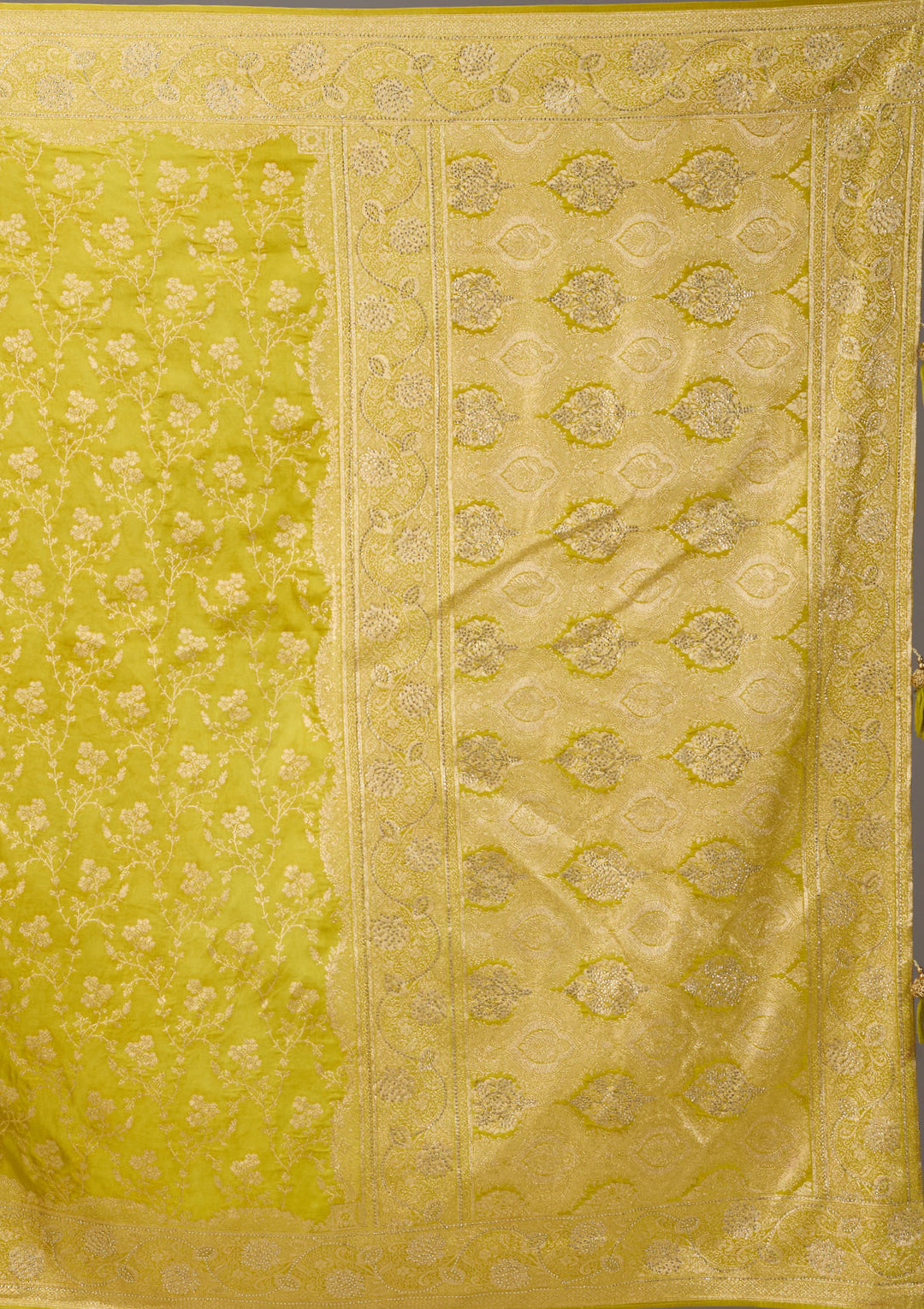 Lime Green Art Satin Buti Gold Stonework Saree With Matching Blouse Piece
