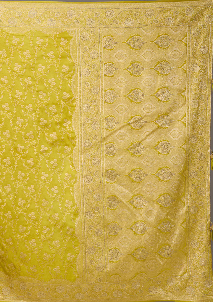 Lime Green Art Satin Buti Gold Stonework Saree With Matching Blouse Piece