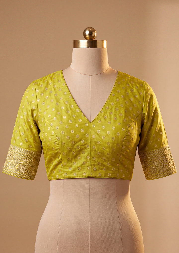 Lime Green Art Satin Buti Gold Stonework Saree With Matching Blouse Piece