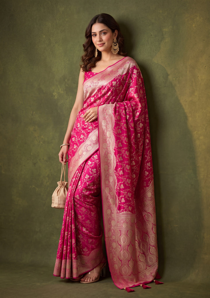Rani Pink Art Satin Buti Gold Stonework Saree With Matching Blouse Piece