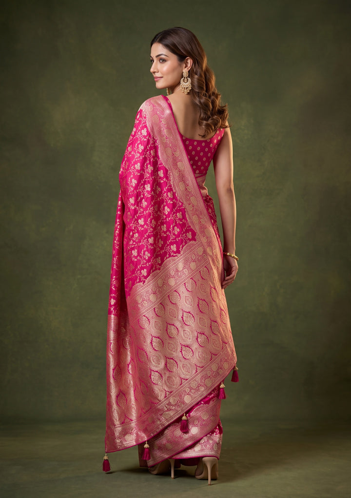 Rani Pink Art Satin Buti Gold Stonework Saree With Matching Blouse Piece