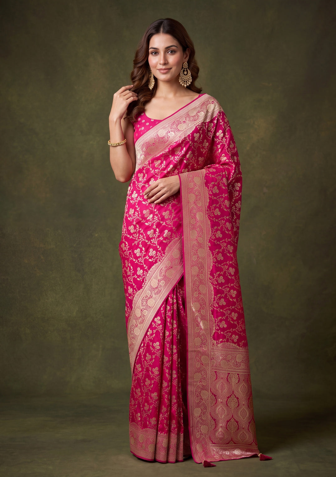Rani Pink Art Satin Buti Gold Stonework Saree With Matching Blouse Piece