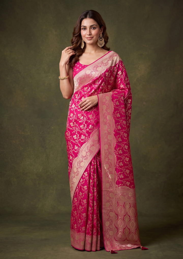 Rani Pink Art Satin Buti Gold Stonework Saree With Matching Blouse Piece