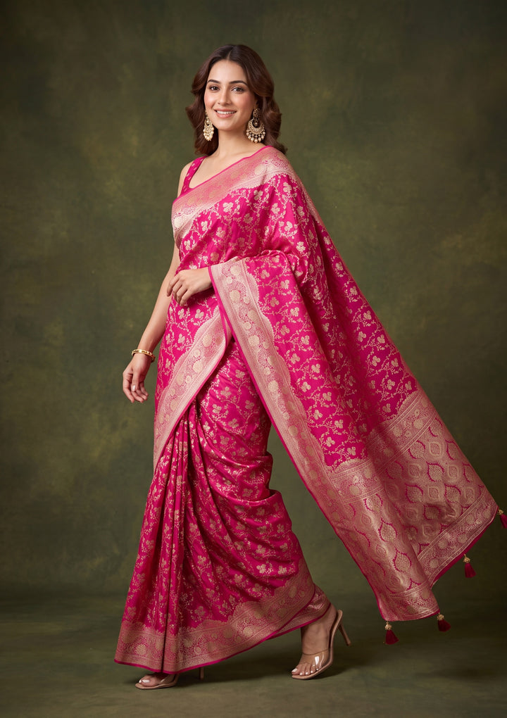 Rani Pink Art Satin Buti Gold Stonework Saree With Matching Blouse Piece