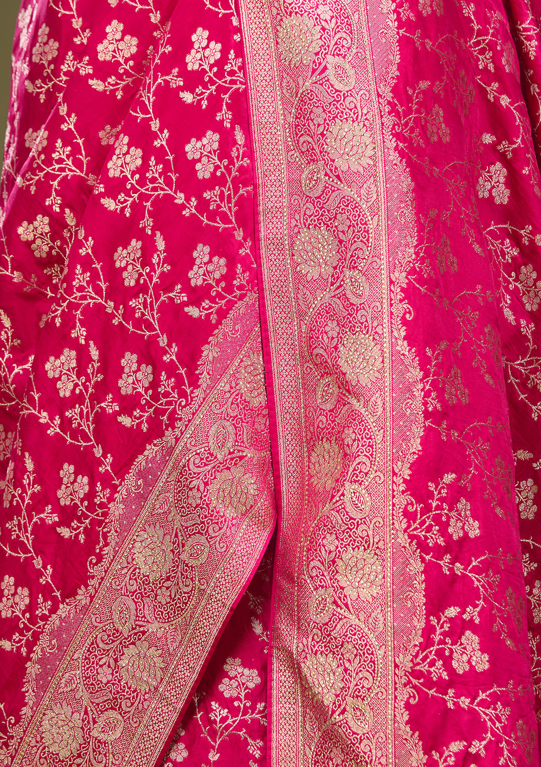 Rani Pink Art Satin Buti Gold Stonework Saree With Matching Blouse Piece