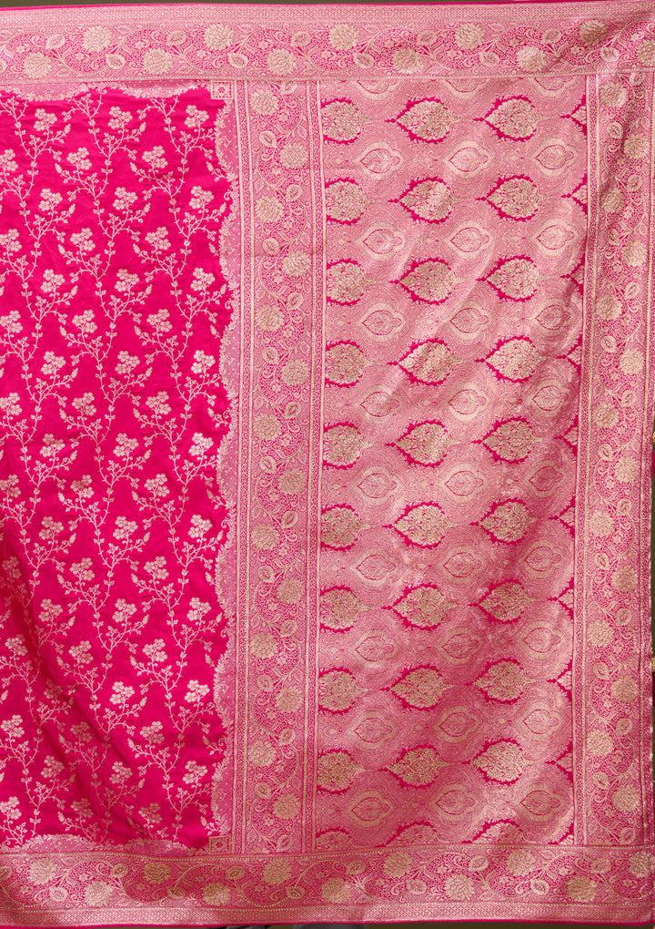 Rani Pink Art Satin Buti Gold Stonework Saree With Matching Blouse Piece