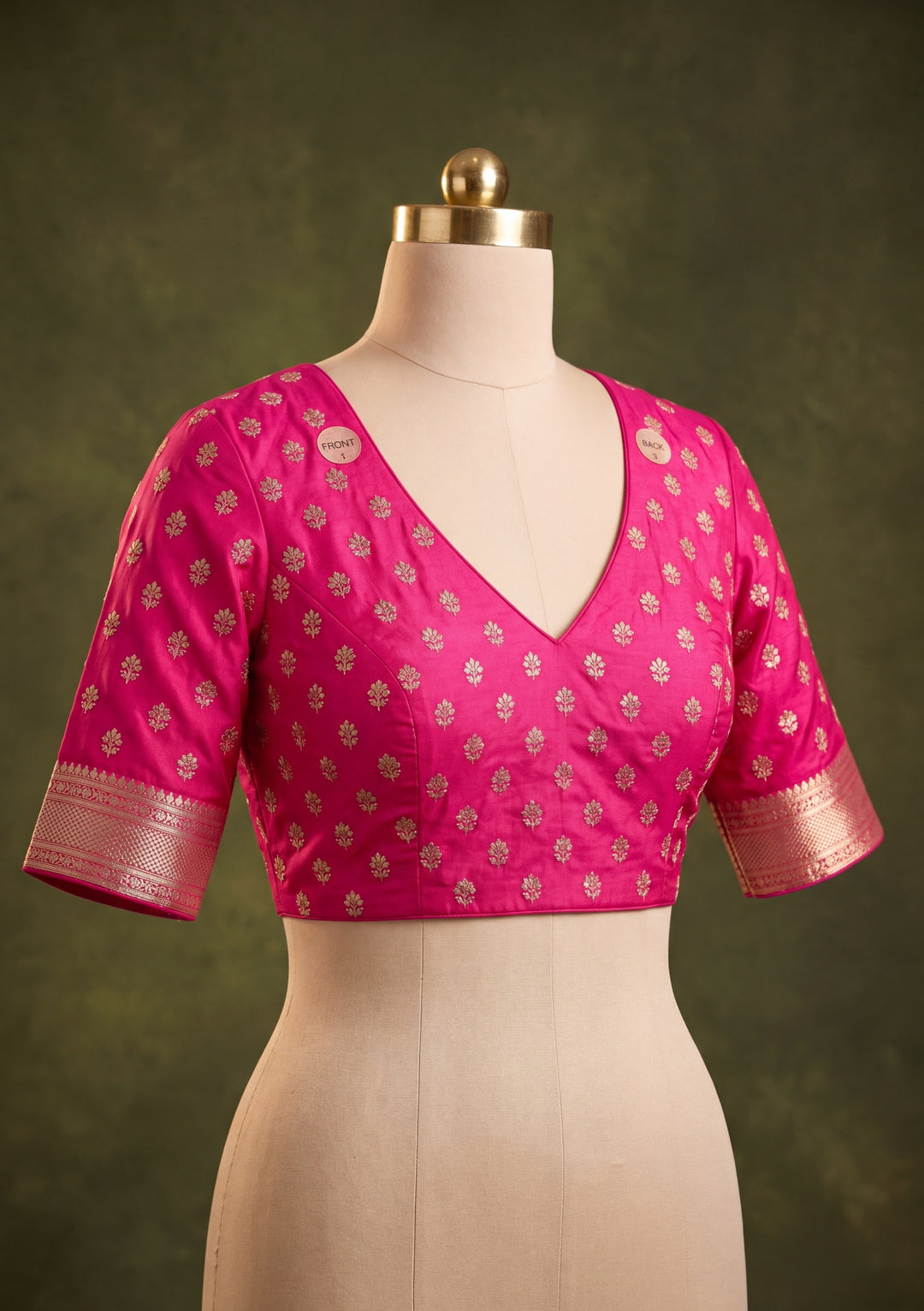 Rani Pink Art Satin Buti Gold Stonework Saree With Matching Blouse Piece