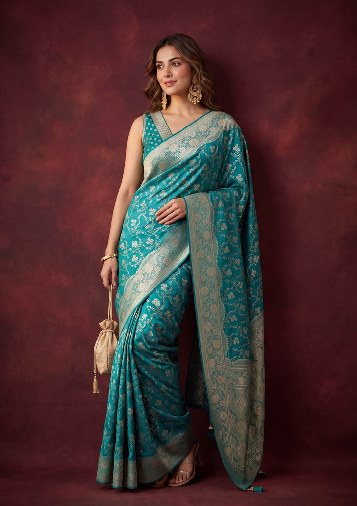 Turquoise Blue Art Satin Buti Gold Stonework Saree With Matching Blouse Piece