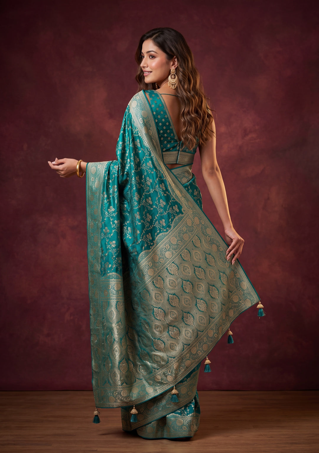 Turquoise Blue Art Satin Buti Gold Stonework Saree With Matching Blouse Piece
