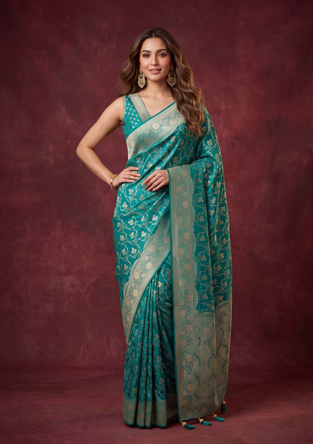Turquoise Blue Art Satin Buti Gold Stonework Saree With Matching Blouse Piece