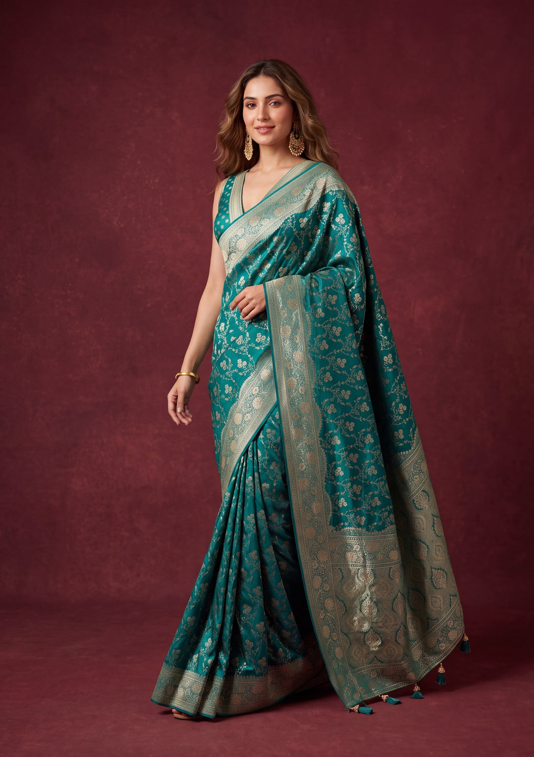 Turquoise Blue Art Satin Buti Gold Stonework Saree With Matching Blouse Piece