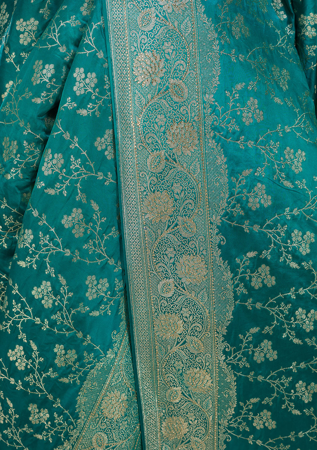 Turquoise Blue Art Satin Buti Gold Stonework Saree With Matching Blouse Piece