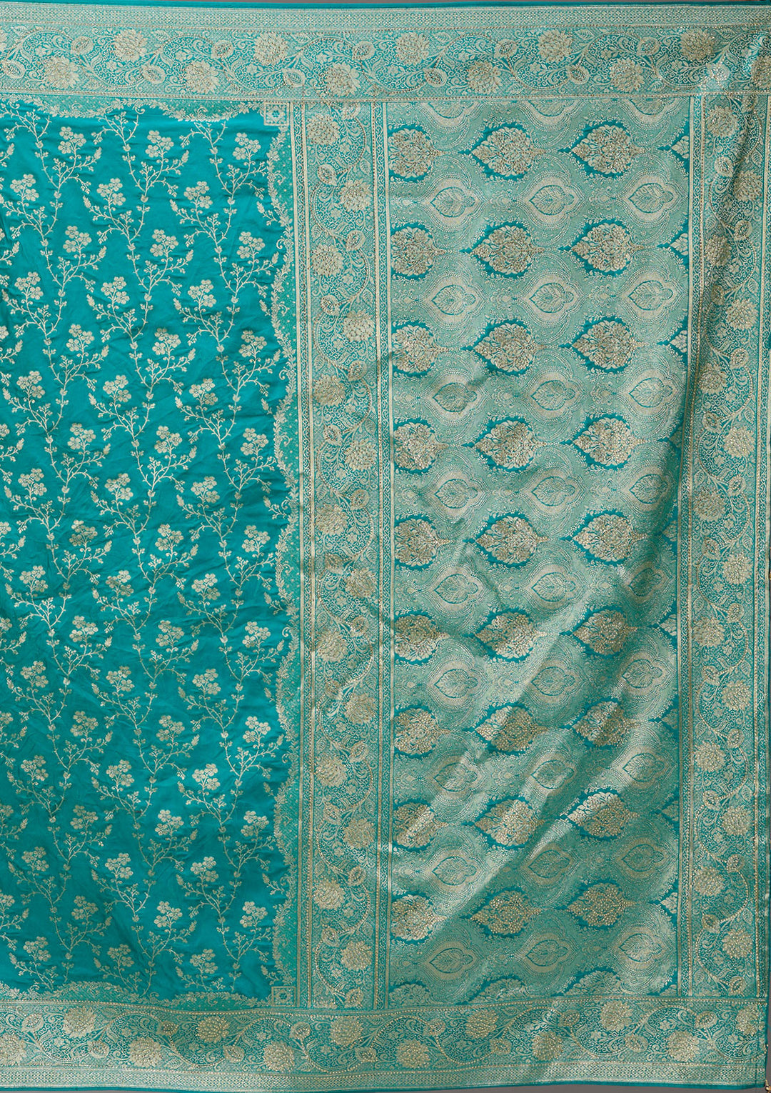 Turquoise Blue Art Satin Buti Gold Stonework Saree With Matching Blouse Piece