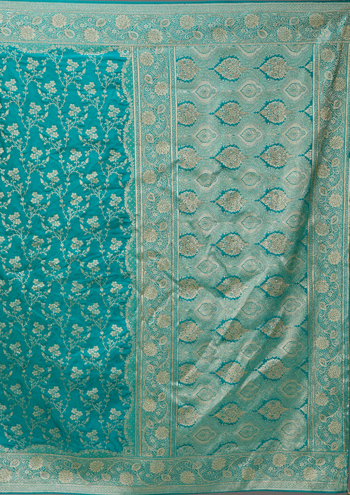 Turquoise Blue Art Satin Buti Gold Stonework Saree With Matching Blouse Piece
