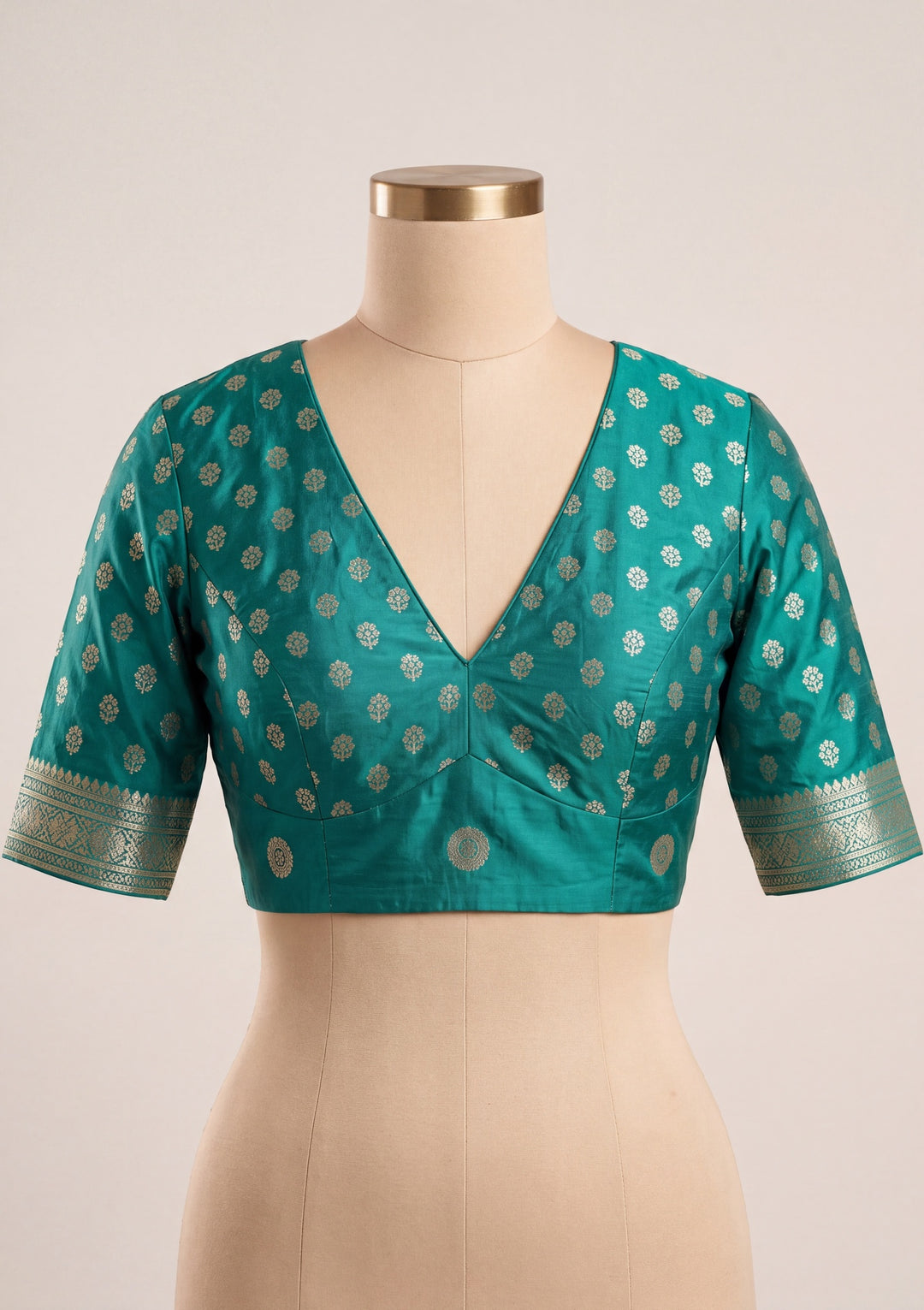Turquoise Blue Art Satin Buti Gold Stonework Saree With Matching Blouse Piece