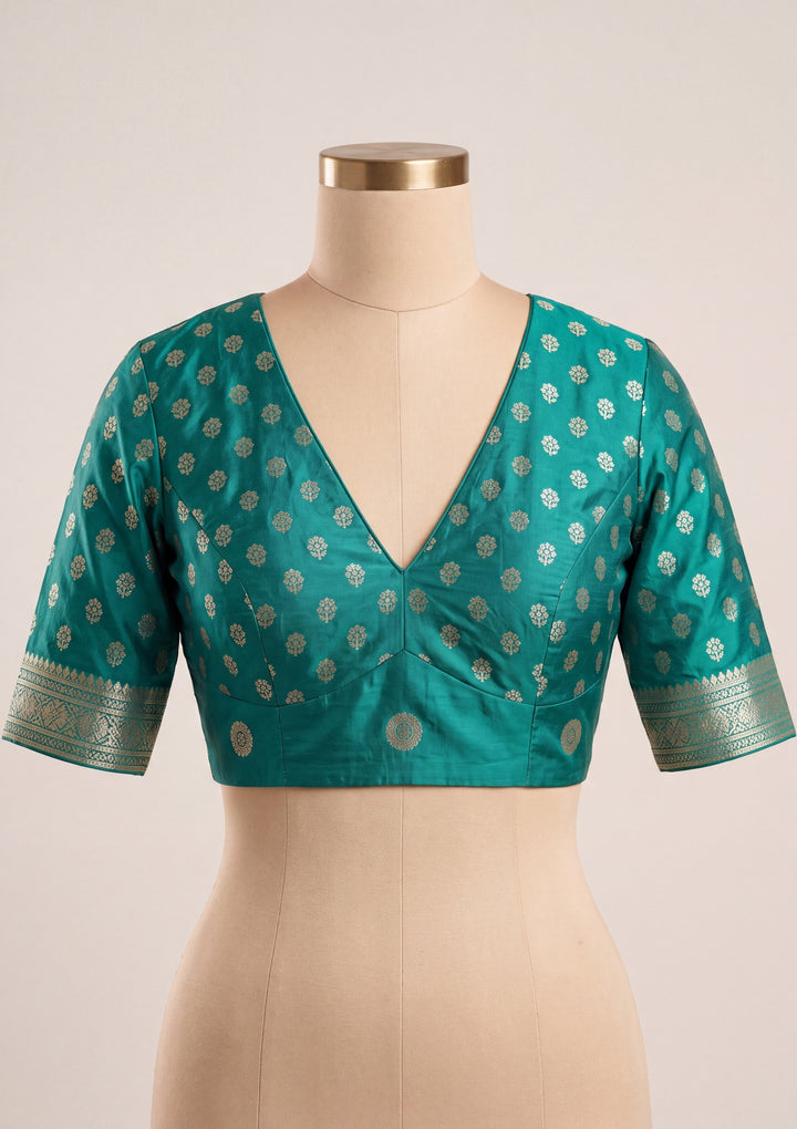 Turquoise Blue Art Satin Buti Gold Stonework Saree With Matching Blouse Piece