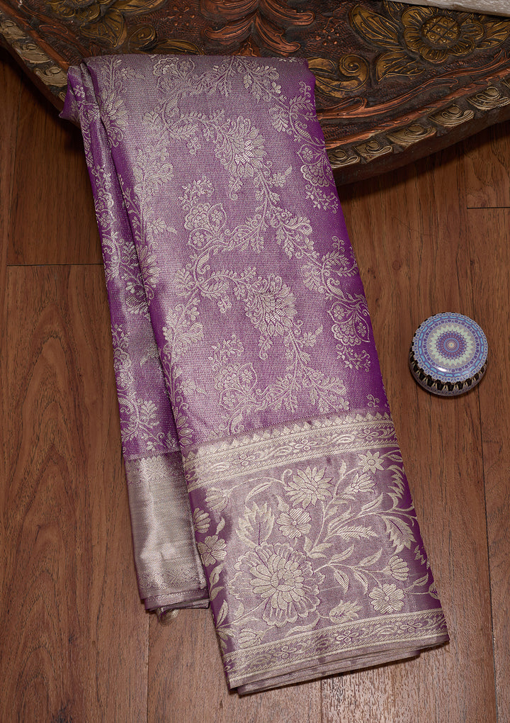 Lavender Pure Tissue Jaal Saree With Matching Blouse Piece