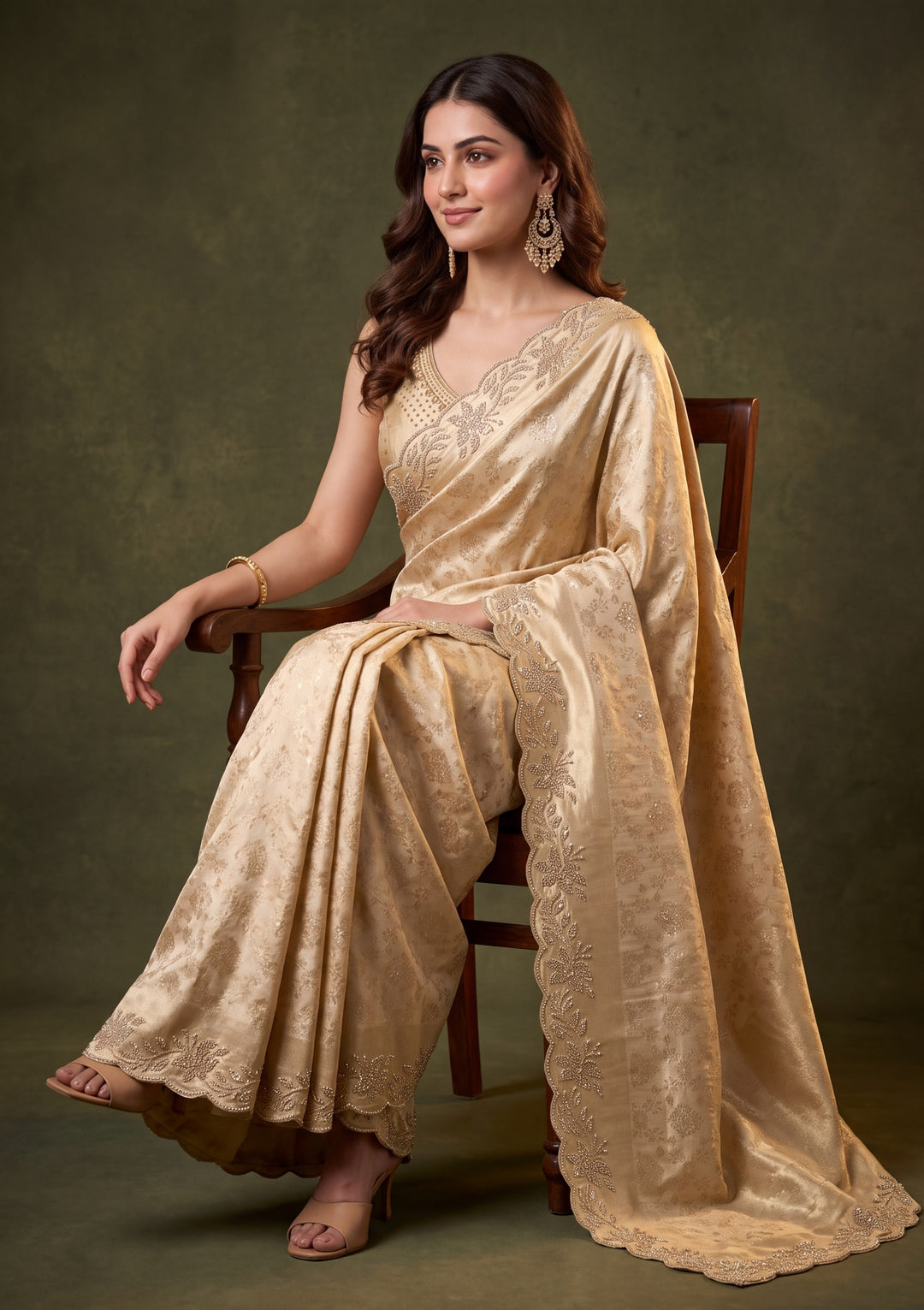 Beige Art Tissue Jaal Gold Stonework Saree With Matching Blouse Piece