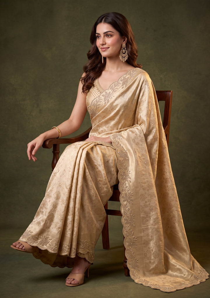 Beige Art Tissue Jaal Gold Stonework Saree With Matching Blouse Piece