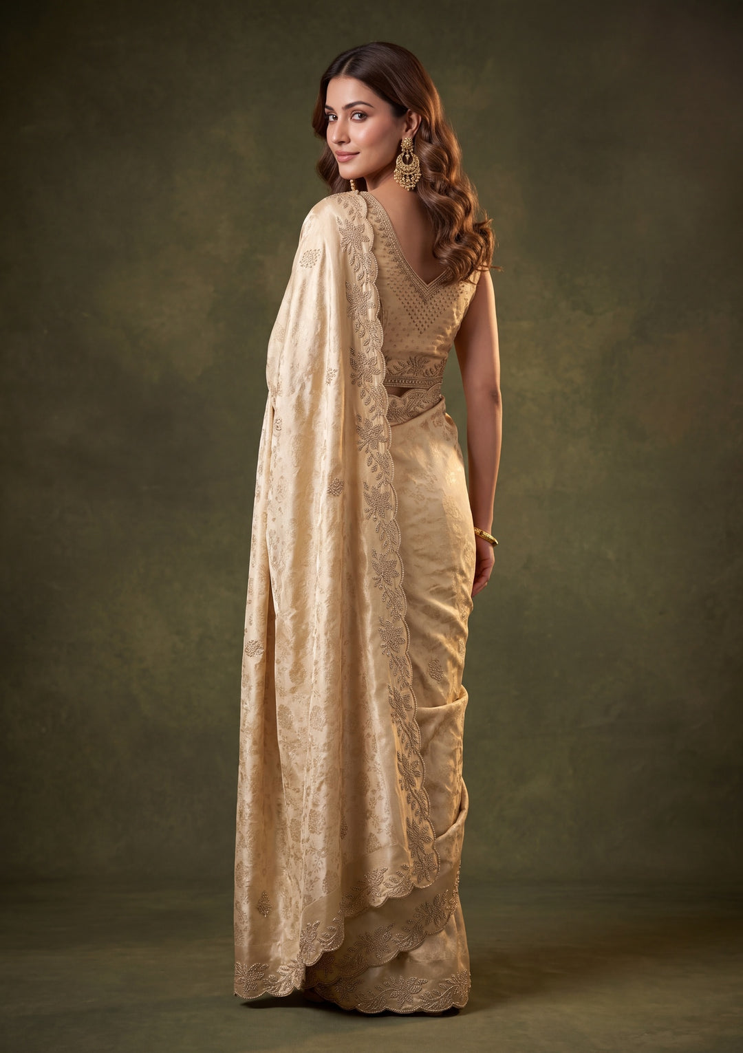 Beige Art Tissue Jaal Gold Stonework Saree With Matching Blouse Piece