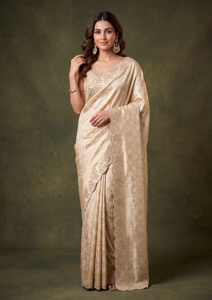 Beige Art Tissue Jaal Gold Stonework Saree With Matching Blouse Piece