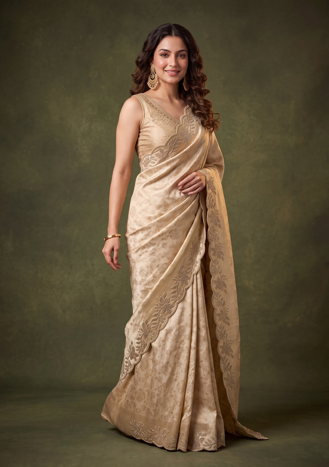 Beige Art Tissue Jaal Gold Stonework Saree With Matching Blouse Piece