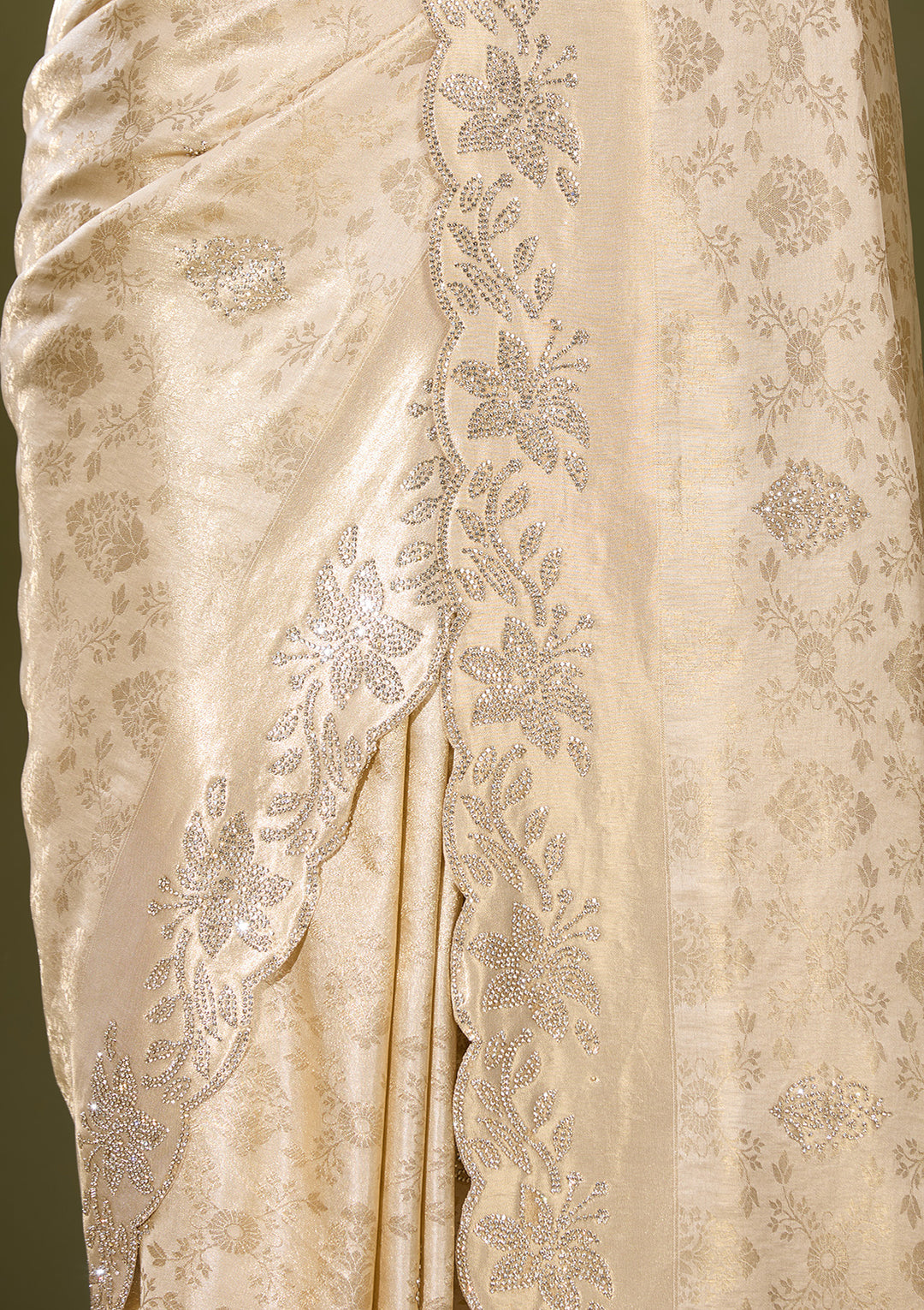 Beige Art Tissue Jaal Gold Stonework Saree With Matching Blouse Piece