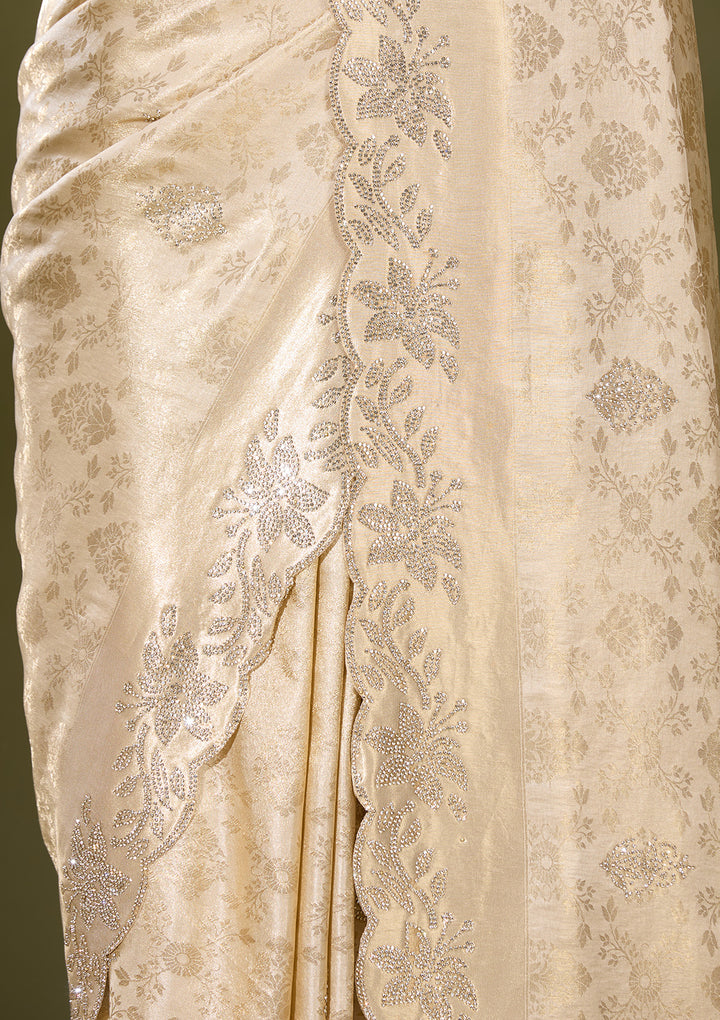 Beige Art Tissue Jaal Gold Stonework Saree With Matching Blouse Piece