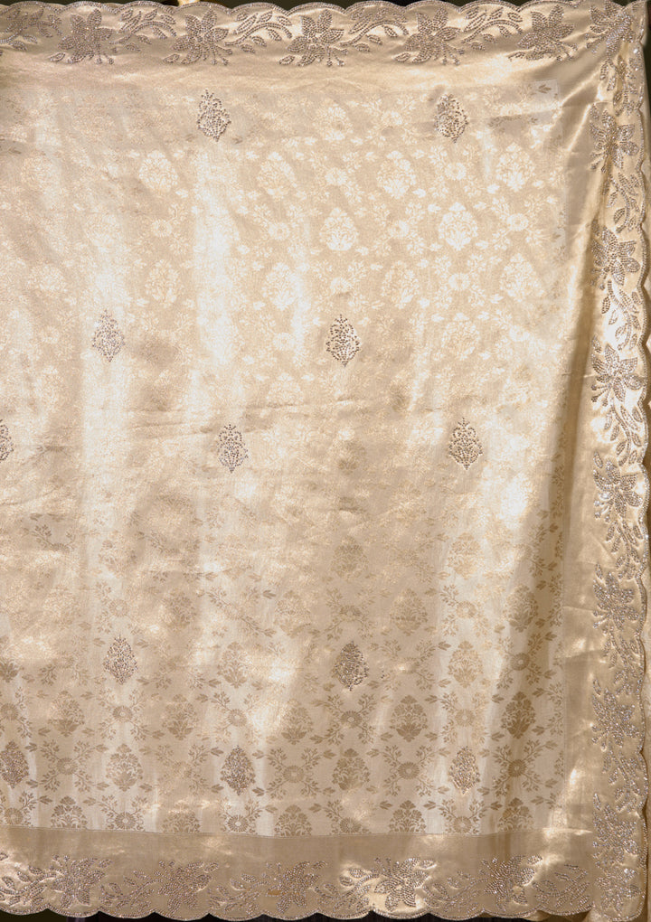 Beige Art Tissue Jaal Gold Stonework Saree With Matching Blouse Piece