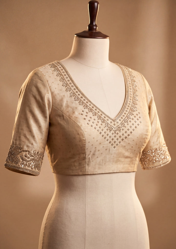 Beige Art Tissue Jaal Gold Stonework Saree With Matching Blouse Piece