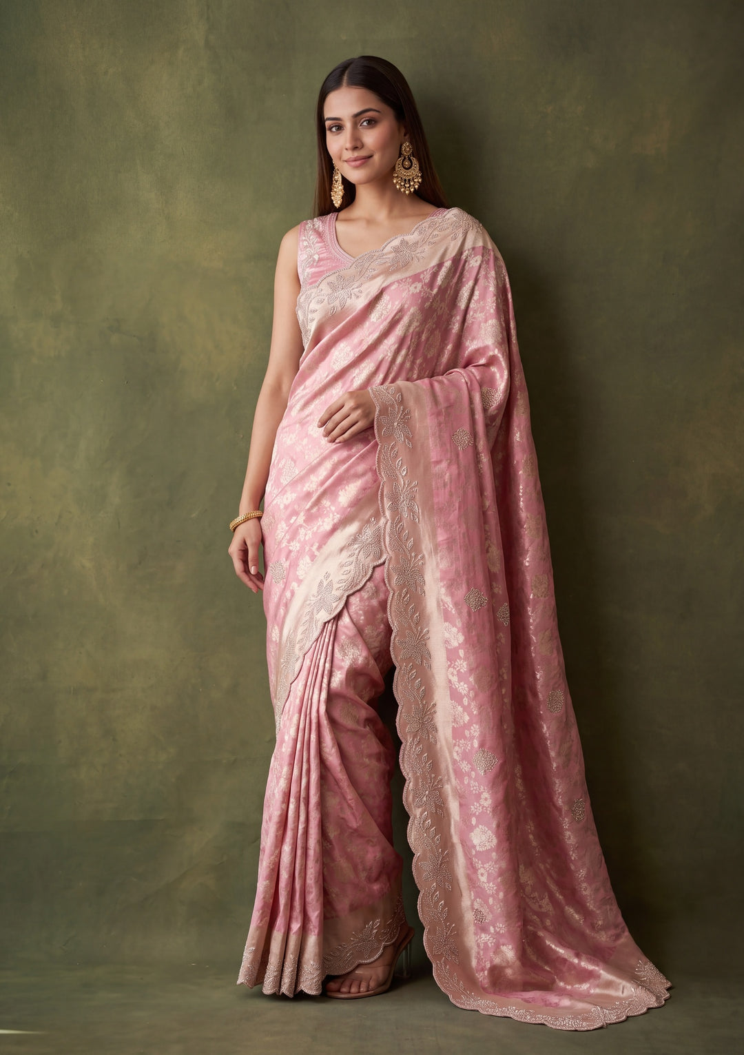 Pink Art Tissue Jaal Gold Stonework Saree With Matching Blouse Piece