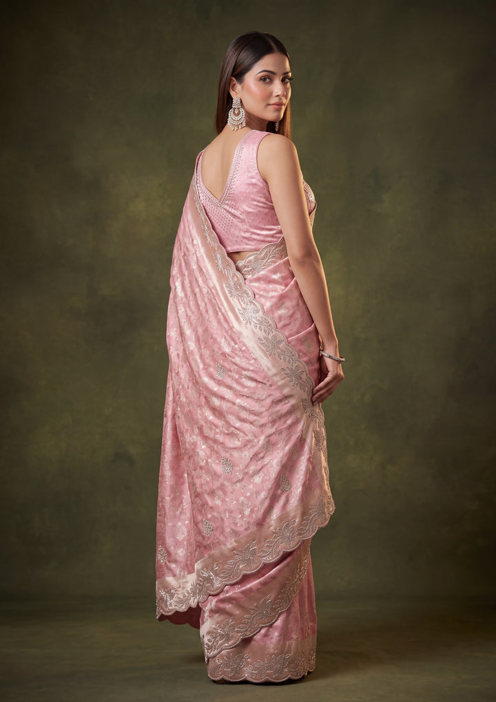 Pink Art Tissue Jaal Gold Stonework Saree With Matching Blouse Piece