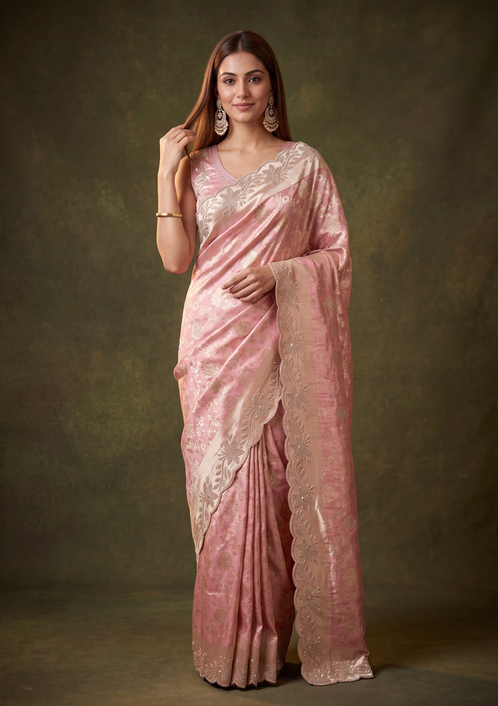 Pink Art Tissue Jaal Gold Stonework Saree With Matching Blouse Piece