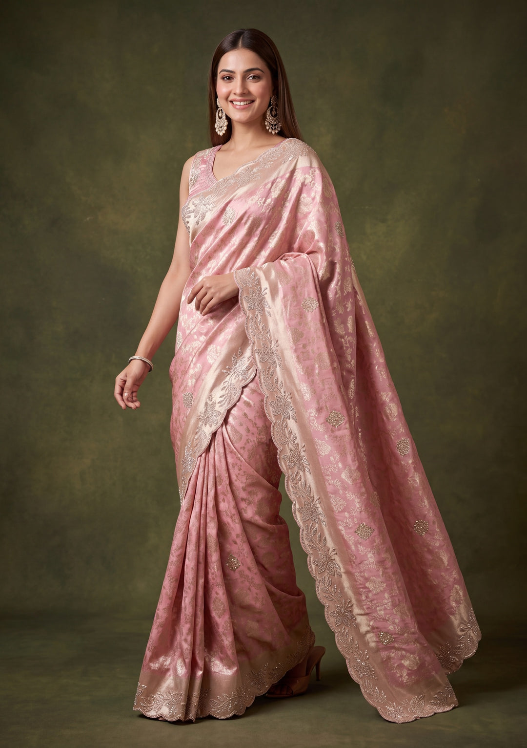 Pink Art Tissue Jaal Gold Stonework Saree With Matching Blouse Piece