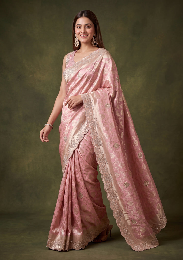 Pink Art Tissue Jaal Gold Stonework Saree With Matching Blouse Piece