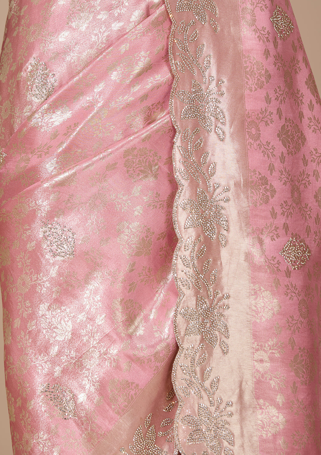 Pink Art Tissue Jaal Gold Stonework Saree With Matching Blouse Piece