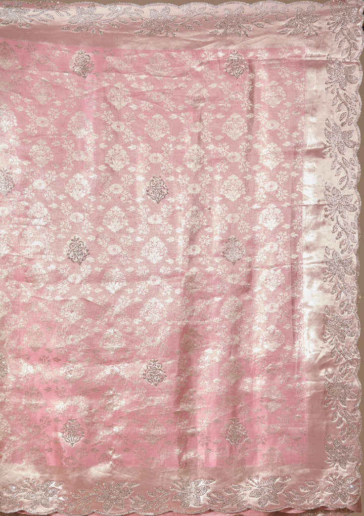 Pink Art Tissue Jaal Gold Stonework Saree With Matching Blouse Piece