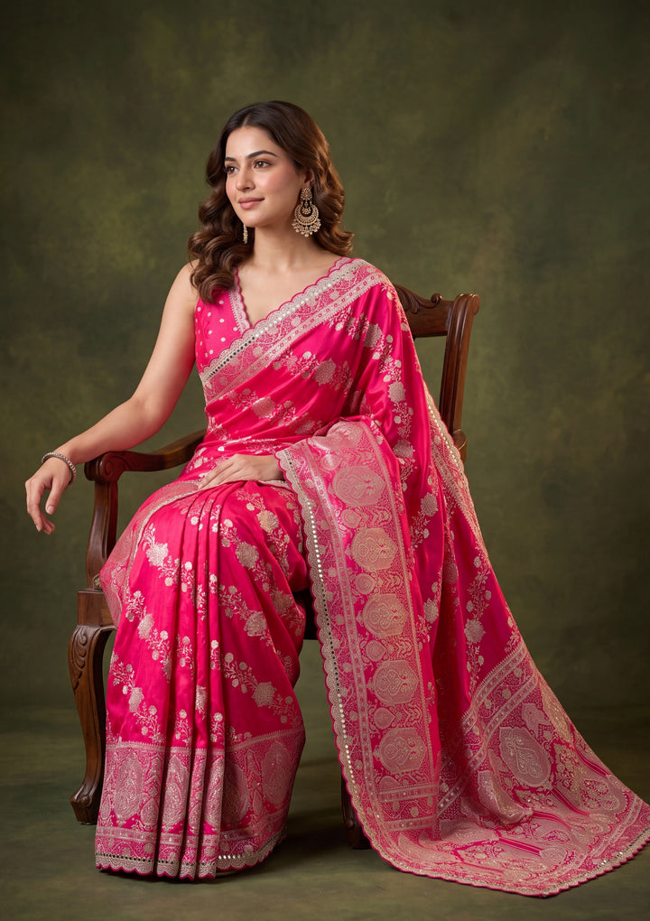 Rani Pink Art Silk Jaal Gold Stonework Saree With Matching Blouse Piece