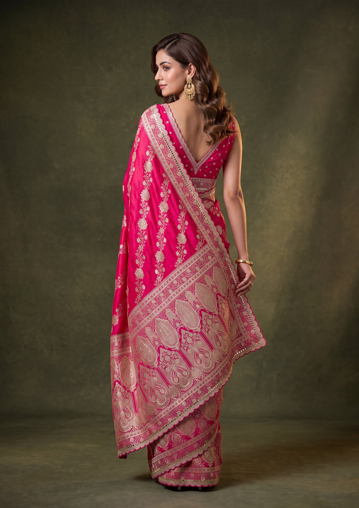 Rani Pink Art Silk Jaal Gold Stonework Saree With Matching Blouse Piece